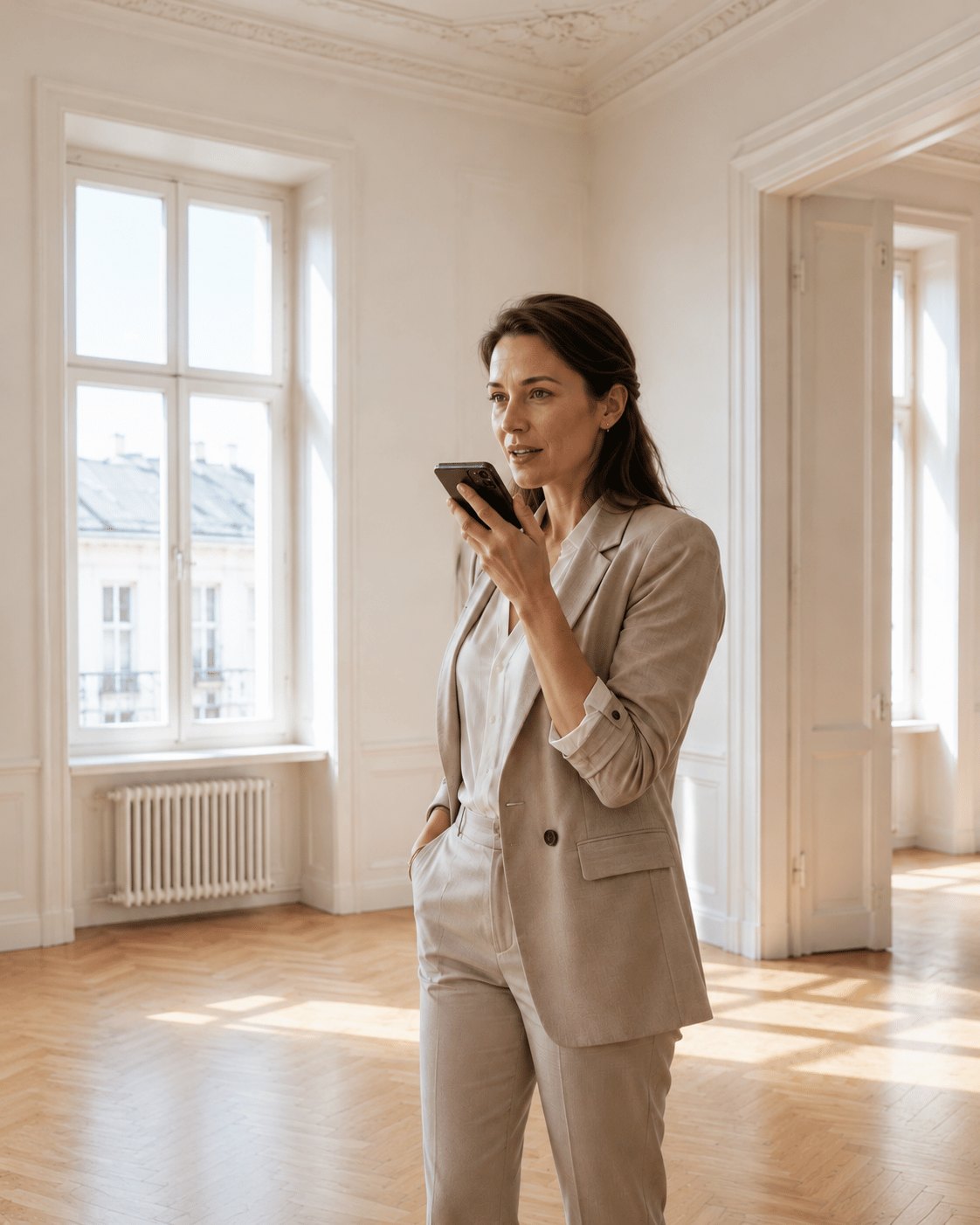 Maklerin spricht in einer leeren Altbauwohnung die Objektdaten in ihr Handy — Objektaufnahme mit der Immobilien Software für Makler
